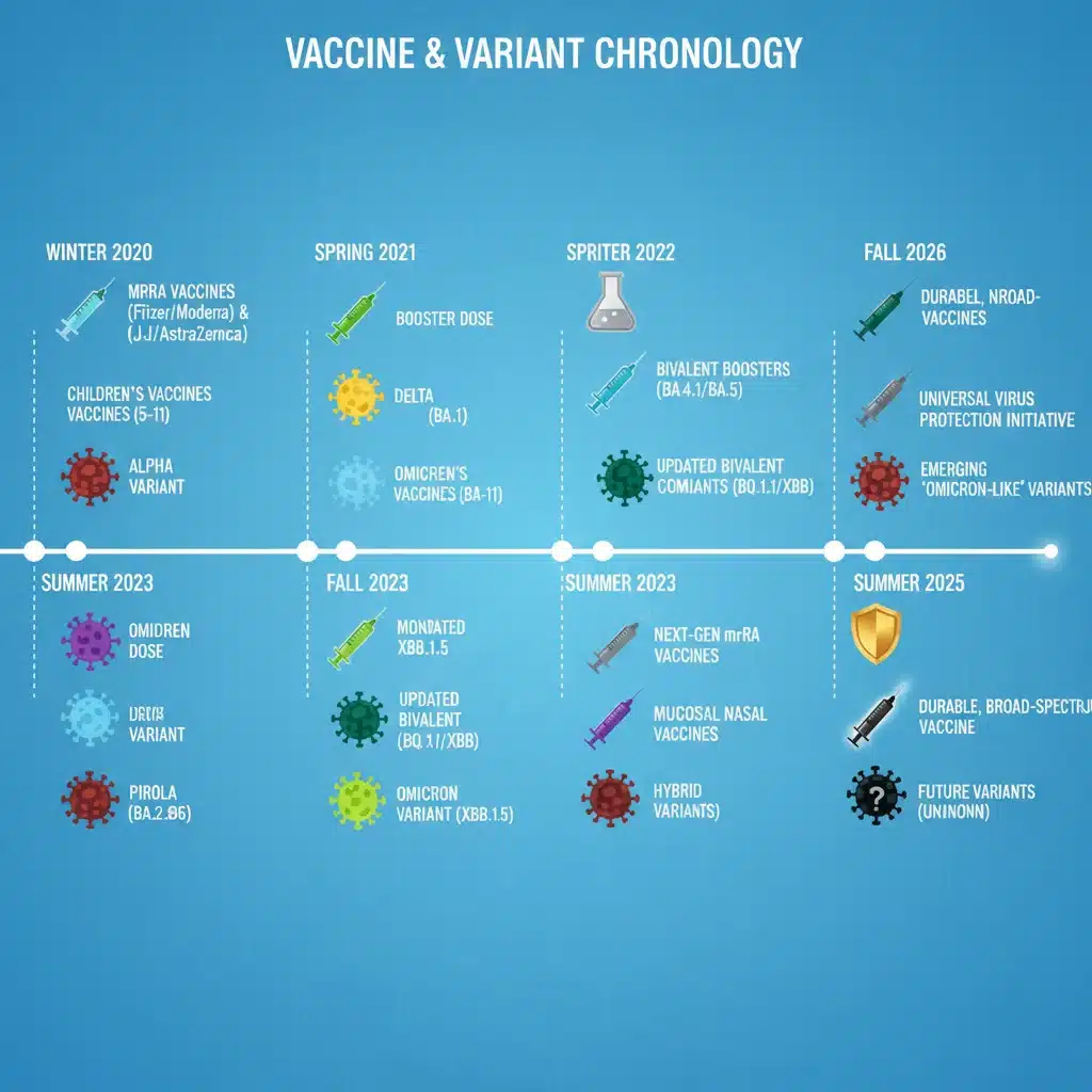 Infographic illustrating vaccine development timeline and variant evolution