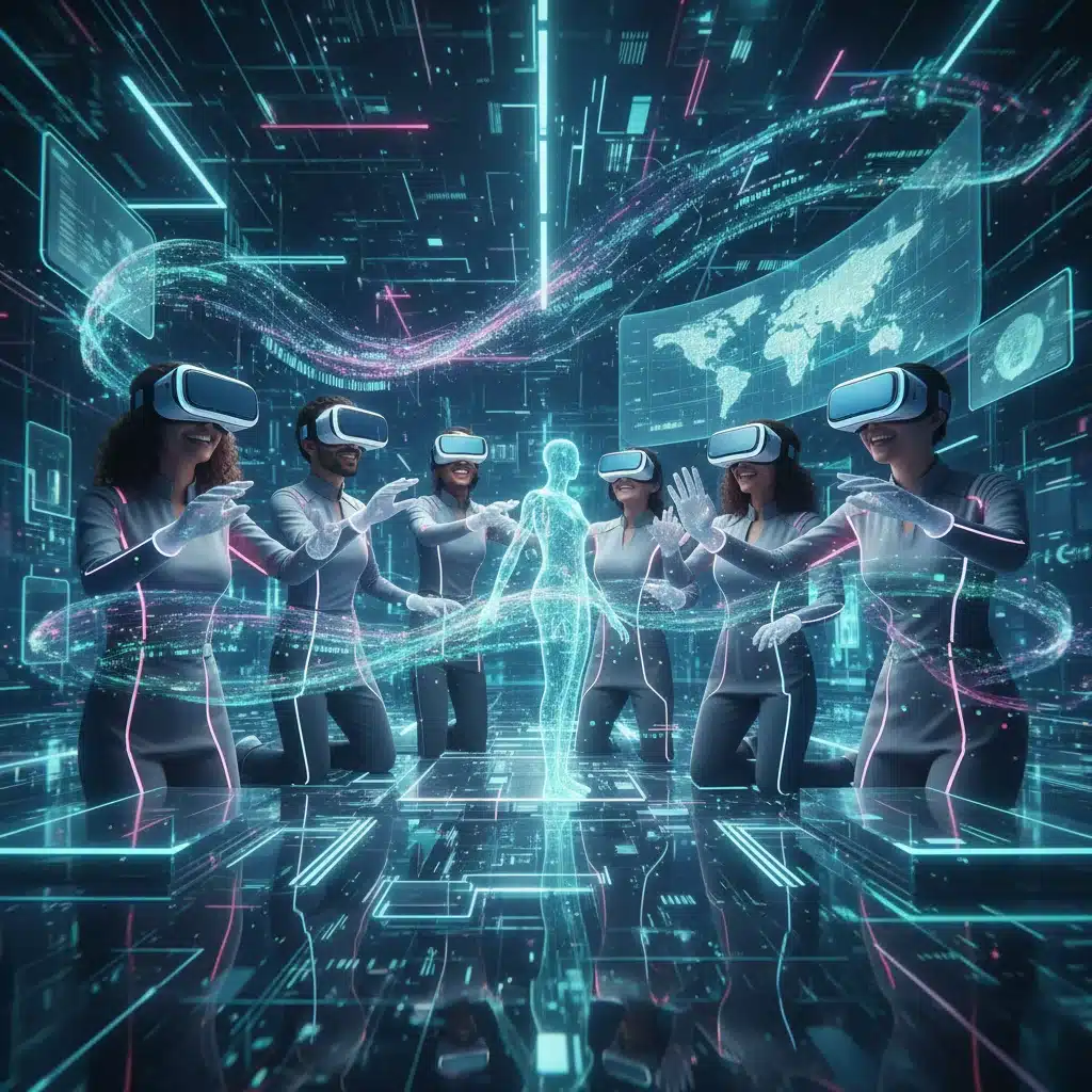 People using VR headsets for immersive virtual community collaboration.