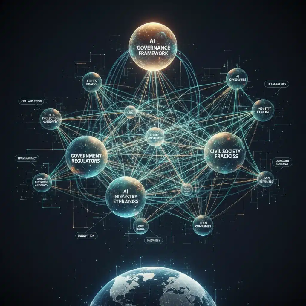 Interconnected network representing AI governance and stakeholder collaboration