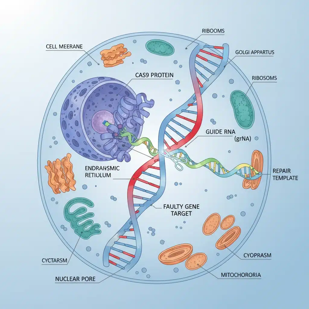 Illustration of CRISPR-Cas9 mechanism correcting a faulty gene in a human cell.