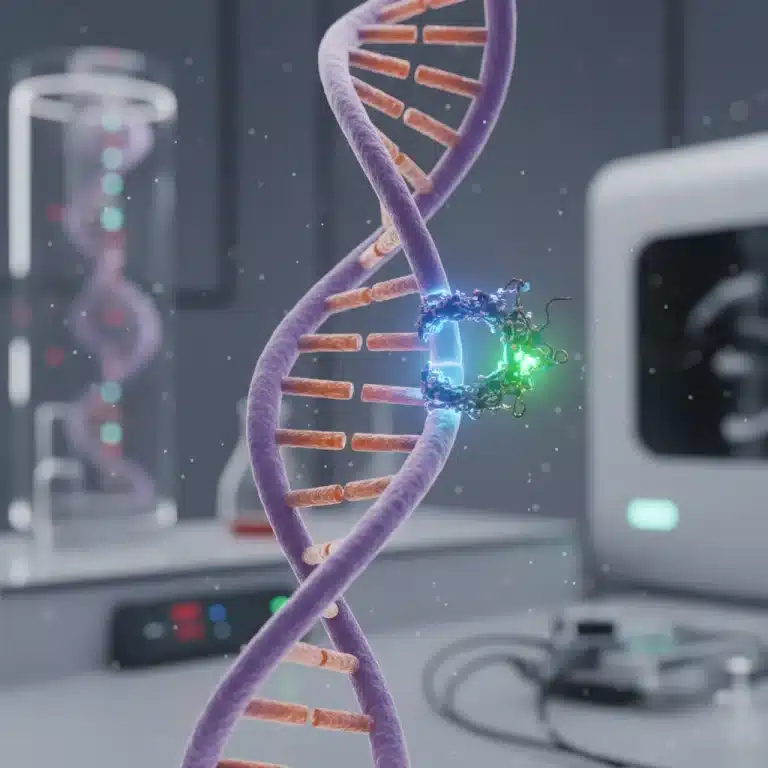 CRISPR-Cas9 precisely editing a DNA strand, symbolizing genetic therapy breakthroughs.