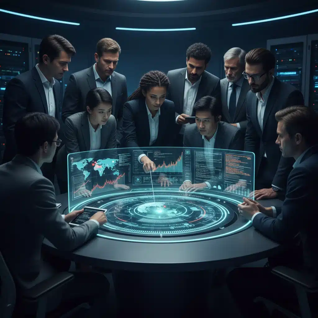 Cybersecurity team collaborating on threat intelligence dashboard
