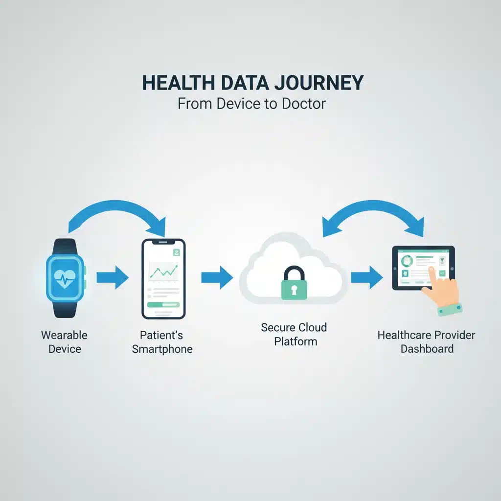 Infographic showing data flow from wearable devices to healthcare providers for chronic disease insights.