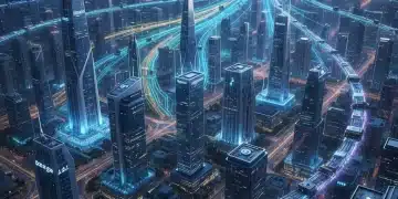 Futuristic cityscape with data streams representing edge AI processing