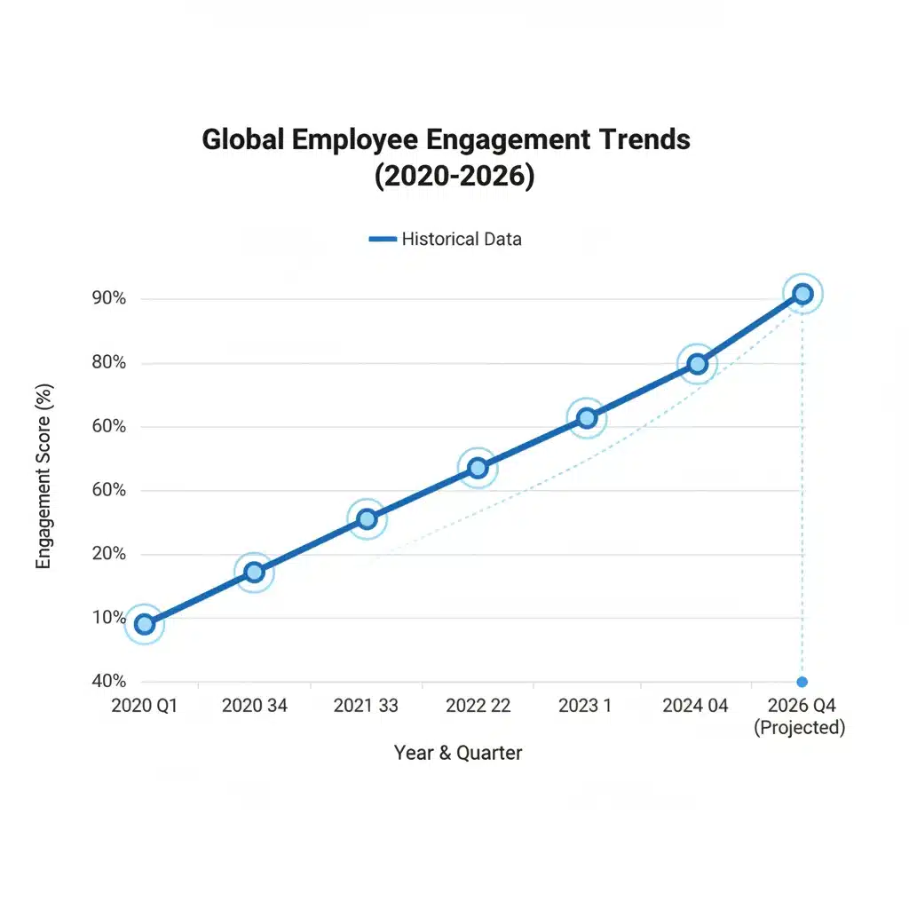 Line graph showing increasing employee engagement trends towards 2026, indicating positive growth.