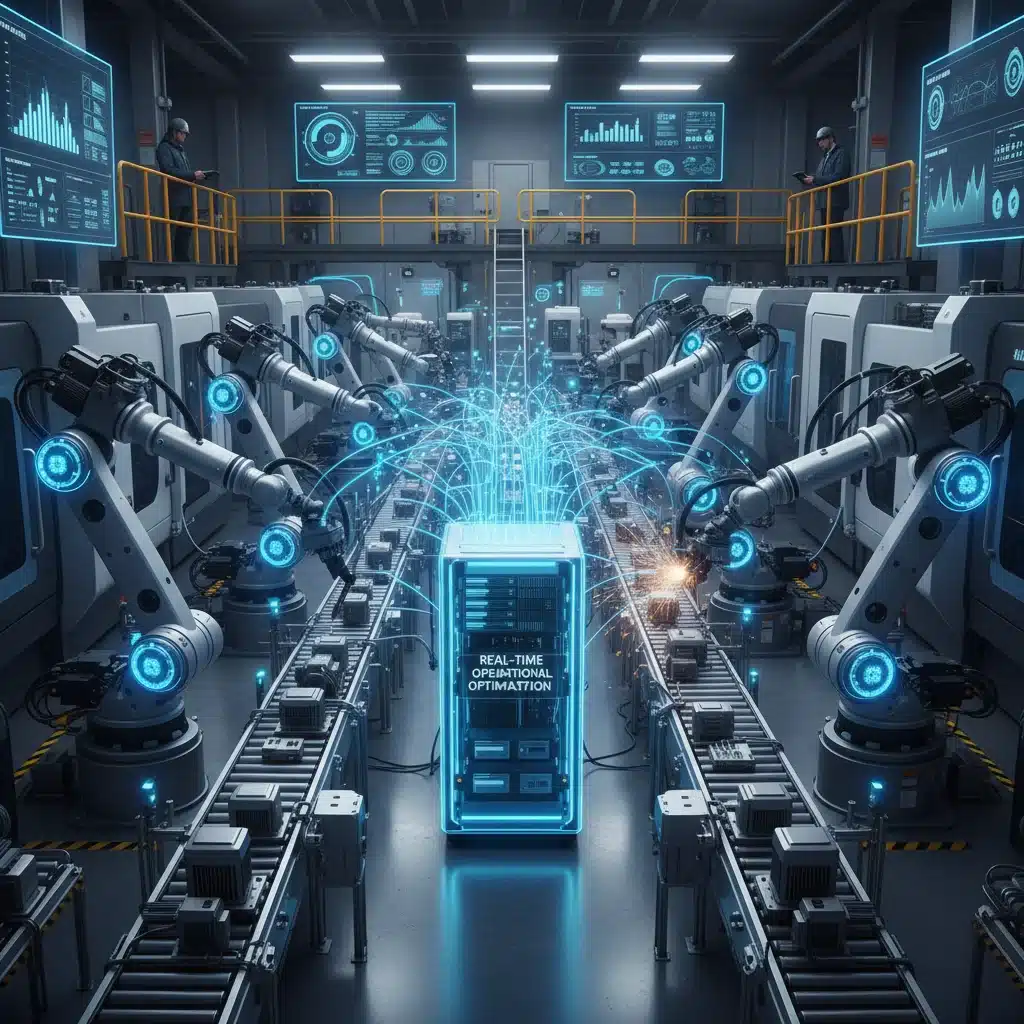 Robotic arms on a factory floor optimized by edge AI devices