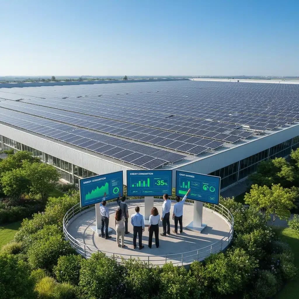 Solar panels on a factory roof demonstrating renewable energy adoption