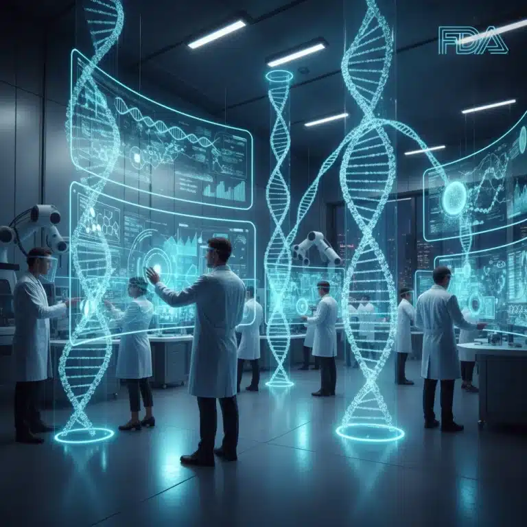 Scientists examining genetic data, symbolizing new FDA guidelines for genetic therapies.