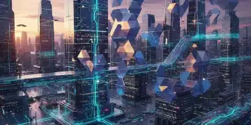 Futuristic cityscape with data flows and ethical AI regulatory frameworks