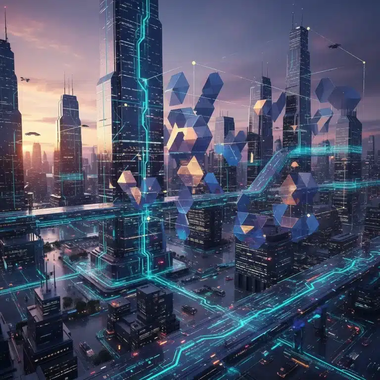 Futuristic cityscape with data flows and ethical AI regulatory frameworks