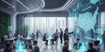 Futuristic office with AI interfaces for business efficiency