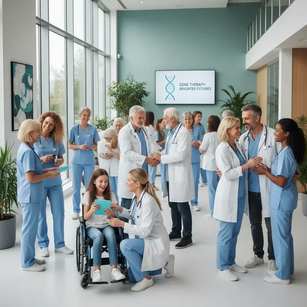Diverse patients and doctors celebrating successful gene therapy treatments.