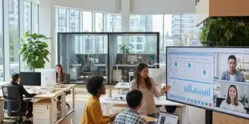 Diverse professionals collaborating in a modern hybrid work environment