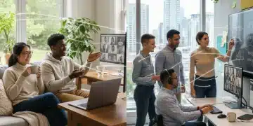 Professionals collaborating in a modern hybrid work environment, showcasing both remote and in-office setups with digital tools.