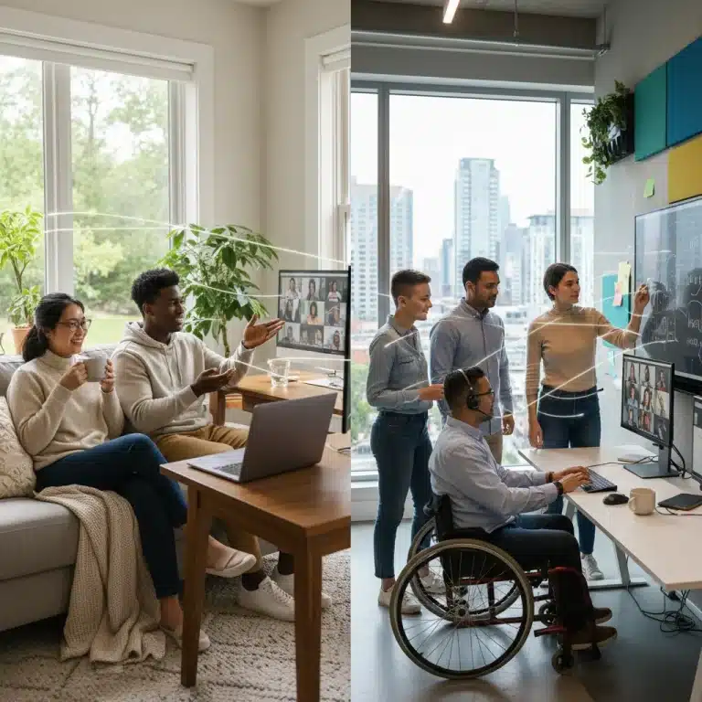 Professionals collaborating in a modern hybrid work environment, showcasing both remote and in-office setups with digital tools.