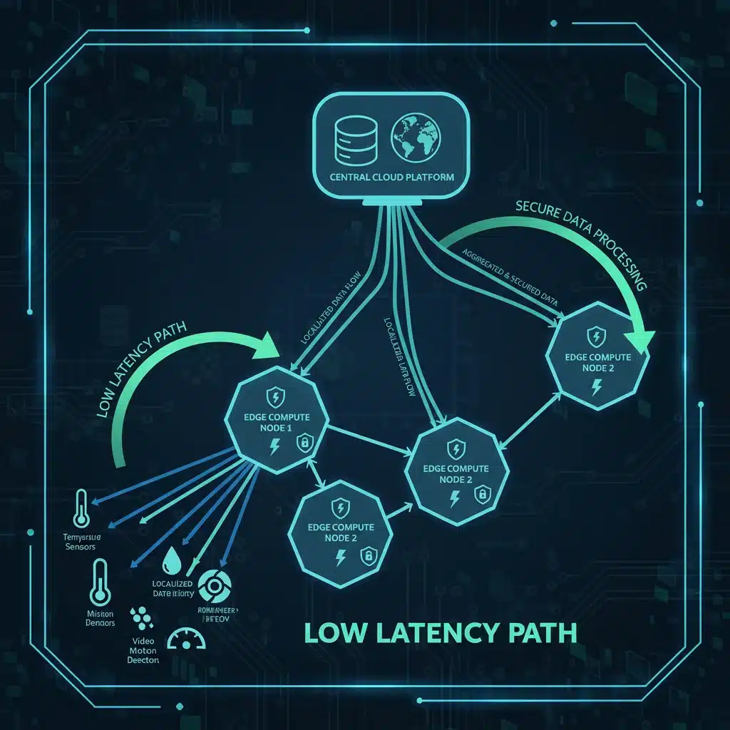 Network diagram illustrating data flow from IoT devices to edge nodes and cloud