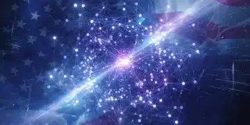 Quantum computing network with glowing qubits and abstract data streams representing US innovation