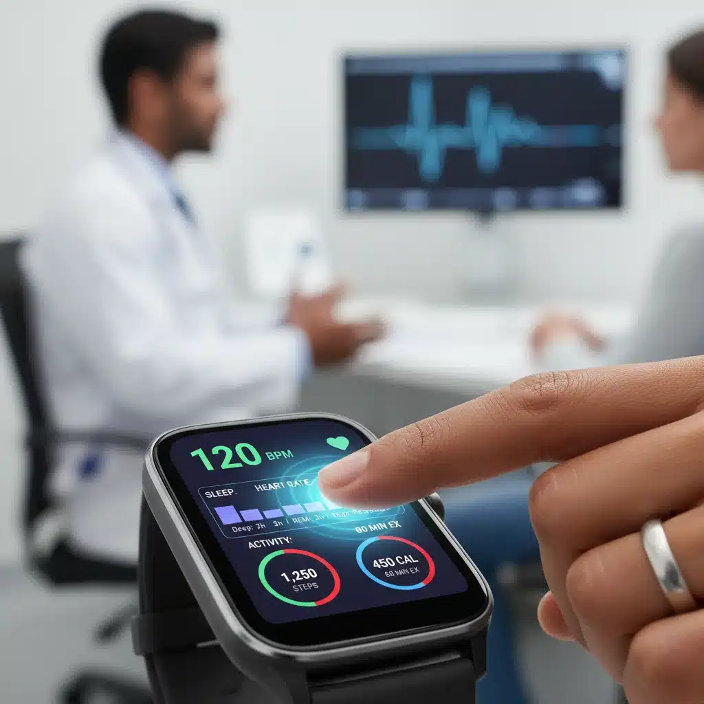 Smartwatch displaying real-time health data like heart rate and sleep patterns for chronic disease monitoring.