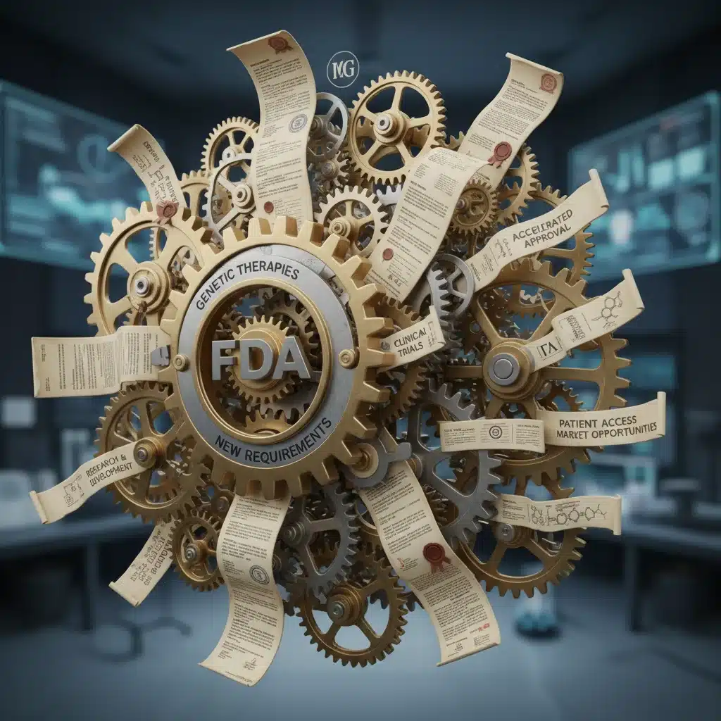 Complex regulatory framework for genetic therapies, showing interconnected gears and documents.