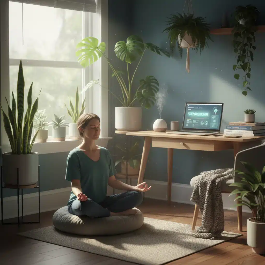Person meditating in a home office, symbolizing mental well-being in remote work.