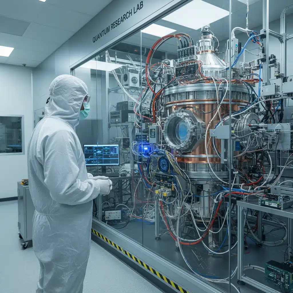 Scientist observing quantum computing setup in a cleanroom environment