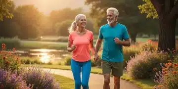 Senior couple jogging in park, active longevity