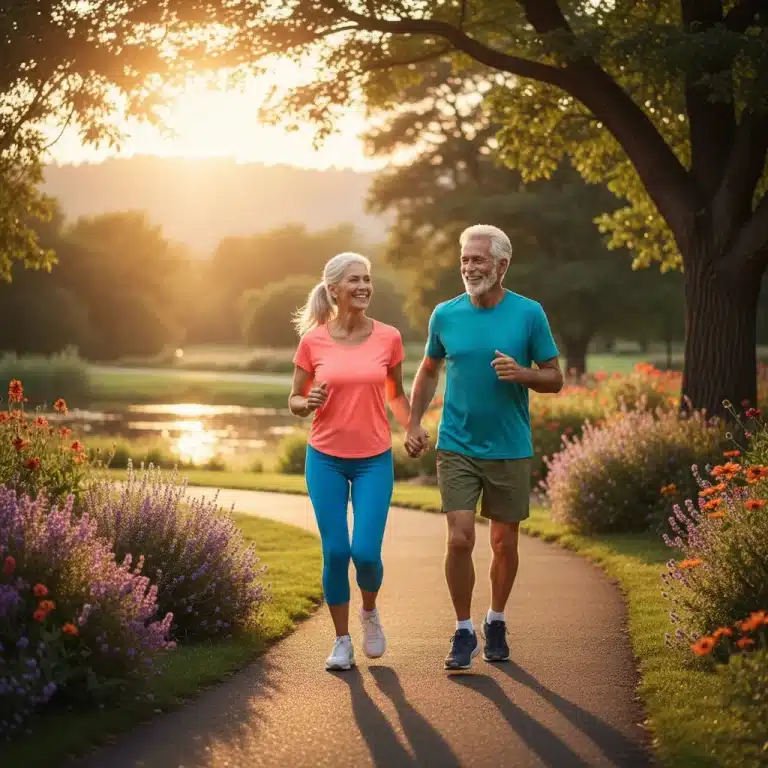Senior couple jogging in park, active longevity