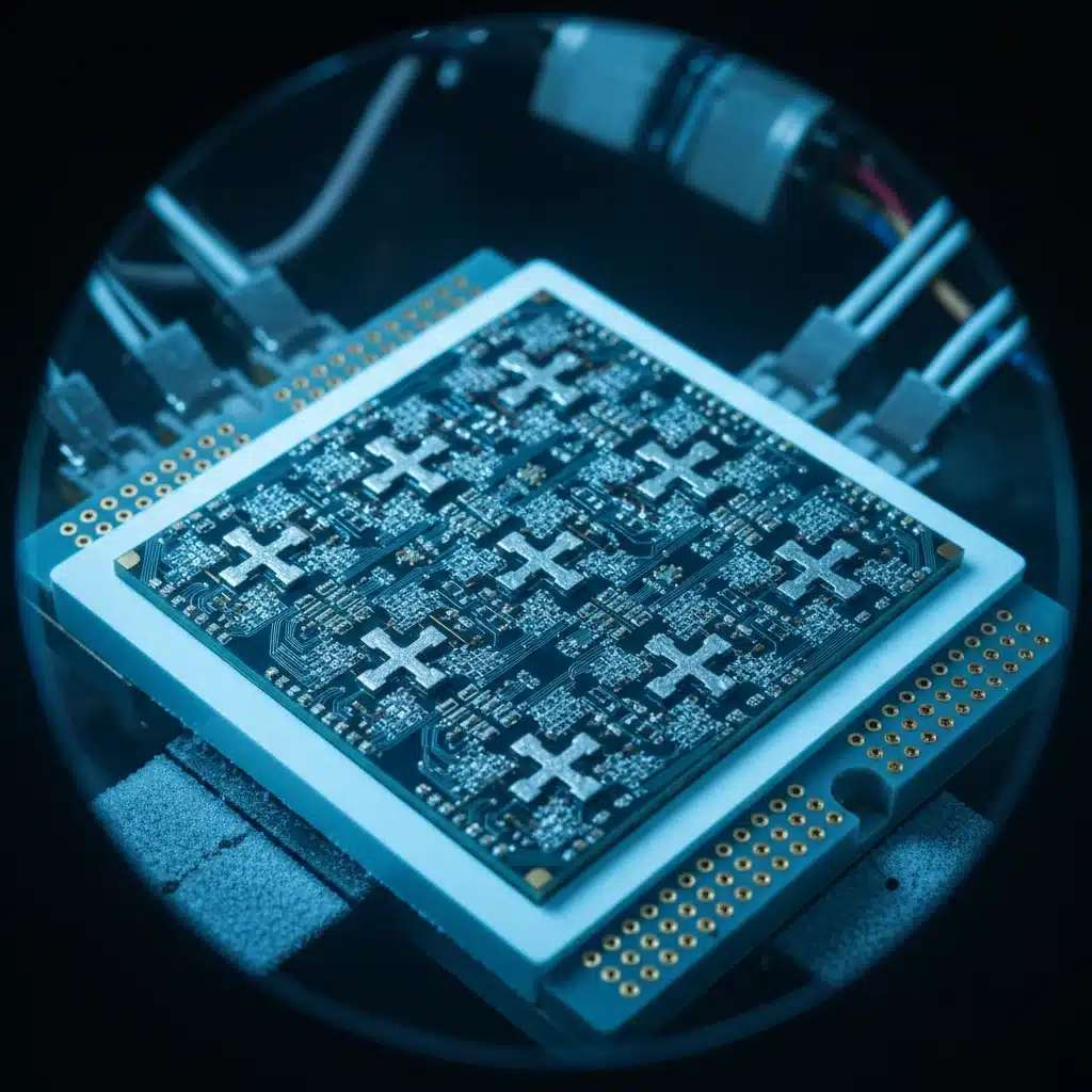 Superconducting quantum processor chip with intricate circuitry and blue illumination