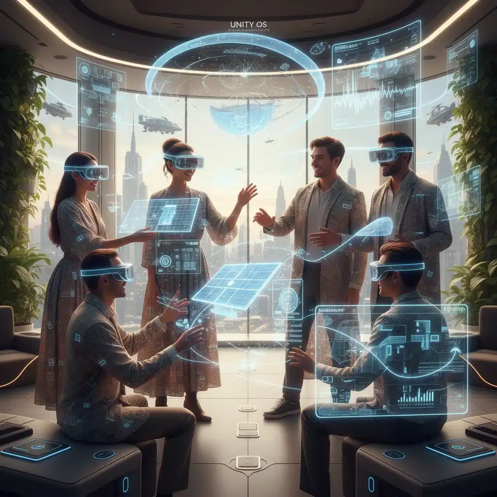 Individuals collaborating in a futuristic virtual and augmented reality environment