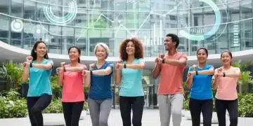 People wearing smartwatches and fitness trackers, symbolizing wearable technology's role in health.