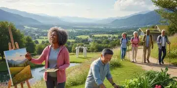 Active seniors enjoying diverse hobbies and social interaction in a vibrant community setting.