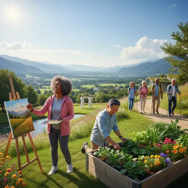 Active seniors enjoying diverse hobbies and social interaction in a vibrant community setting.