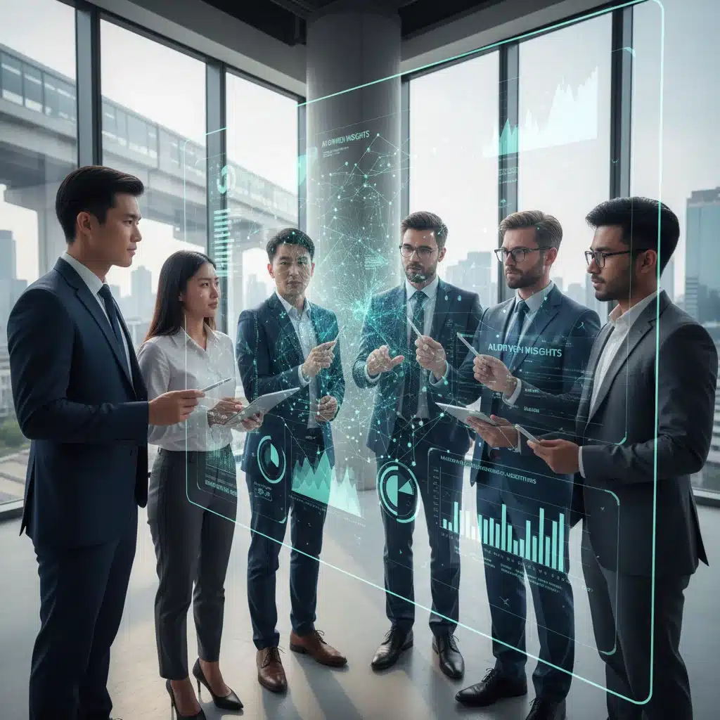 Business professionals collaborating with AI and data analytics on a holographic display.