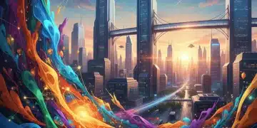 Abstract digital artwork showing AI and human collaboration in a futuristic city