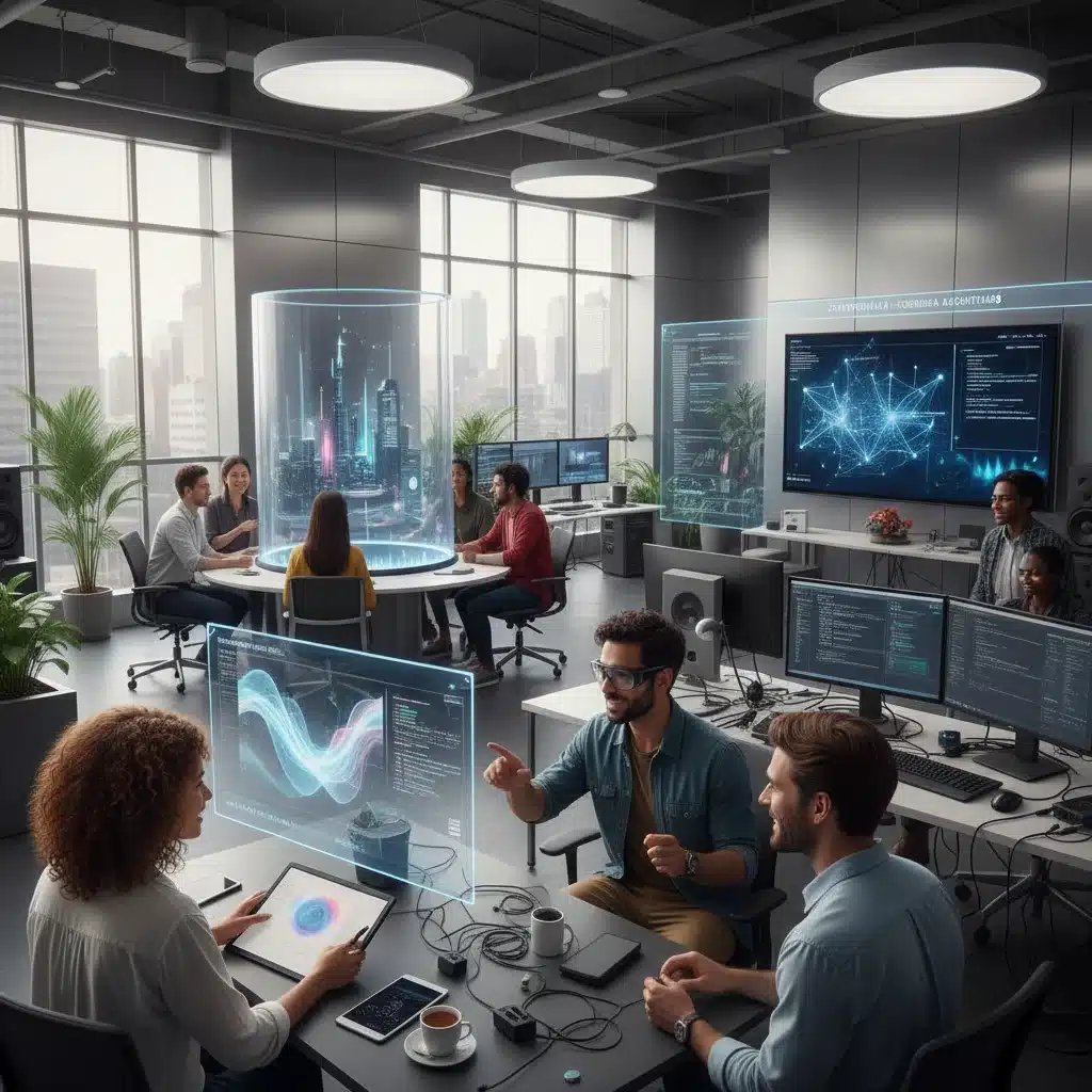Artists, musicians, and coders collaborating in an AI innovation lab