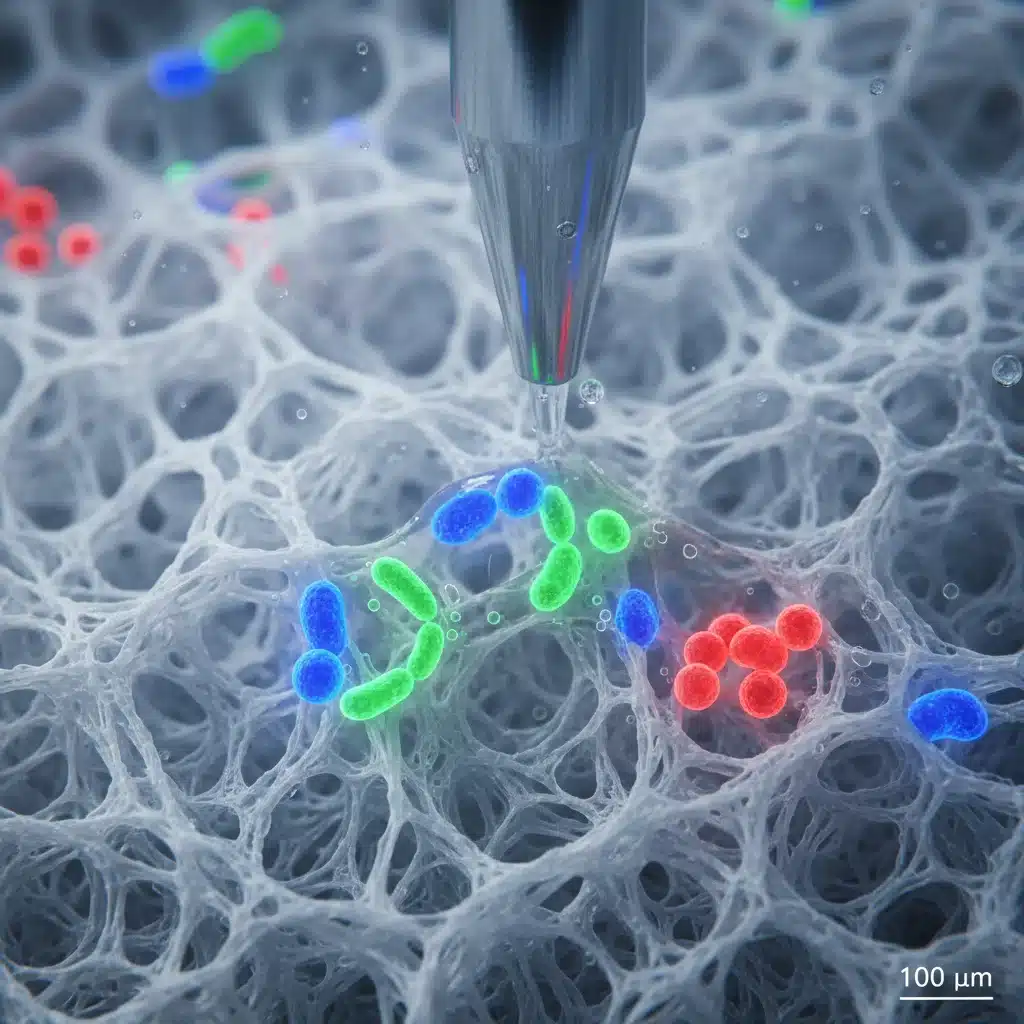 Microscopic view of bio-ink deposition in 3D bioprinting, showing cellular precision.