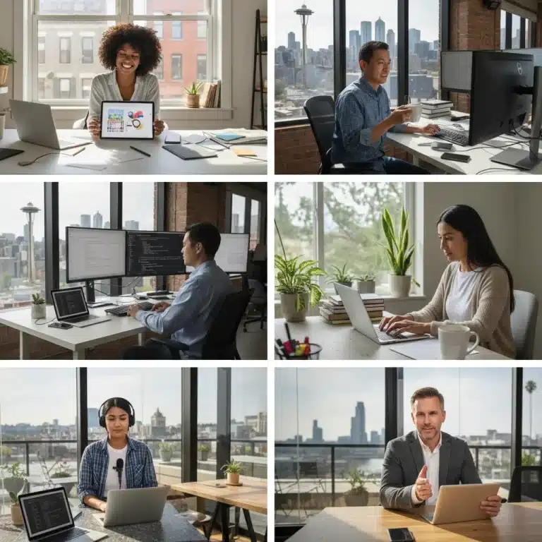 Diverse U.S. freelancers working independently in modern settings