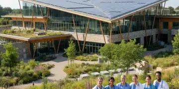 Eco-friendly hospital building with solar panels and green landscaping, representing sustainable healthcare in the US.