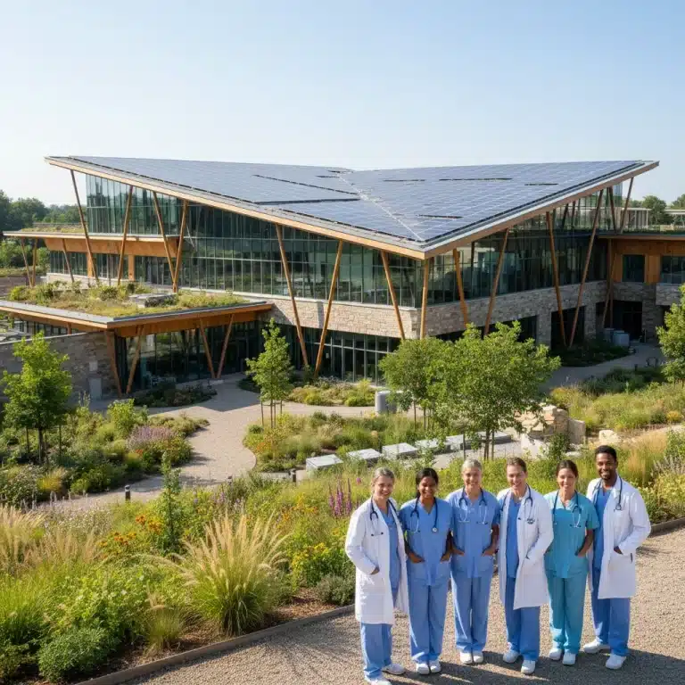 Eco-friendly hospital building with solar panels and green landscaping, representing sustainable healthcare in the US.