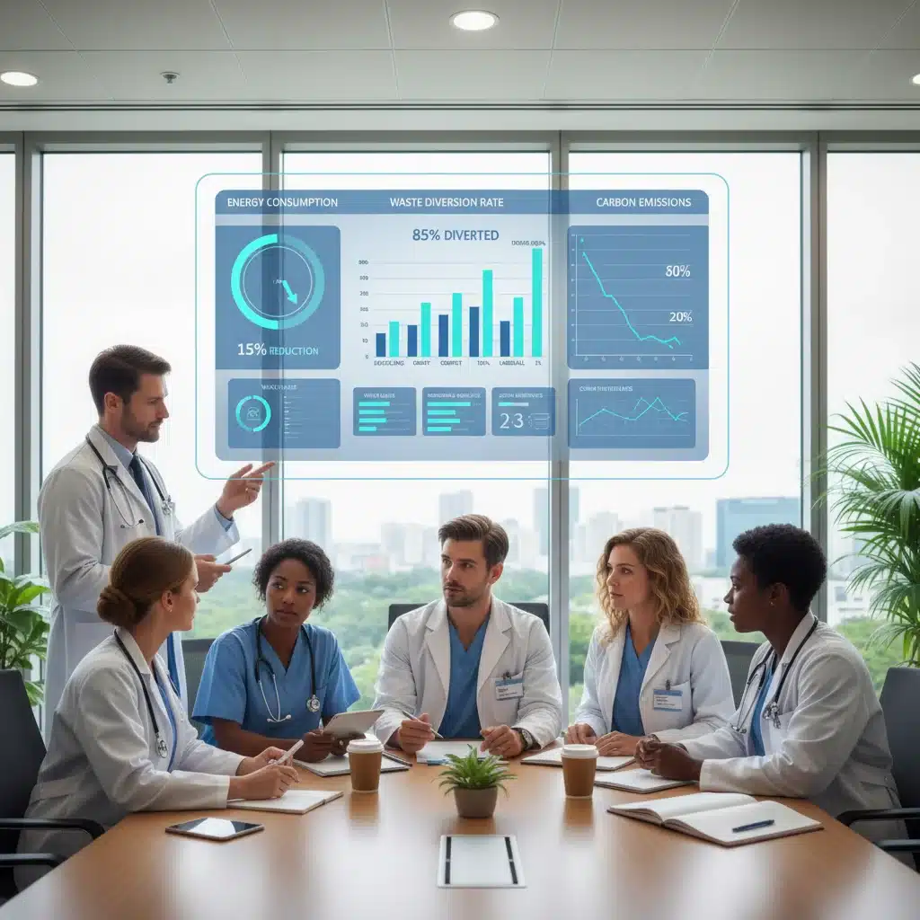Healthcare team analyzing environmental data on a digital dashboard for sustainability initiatives.