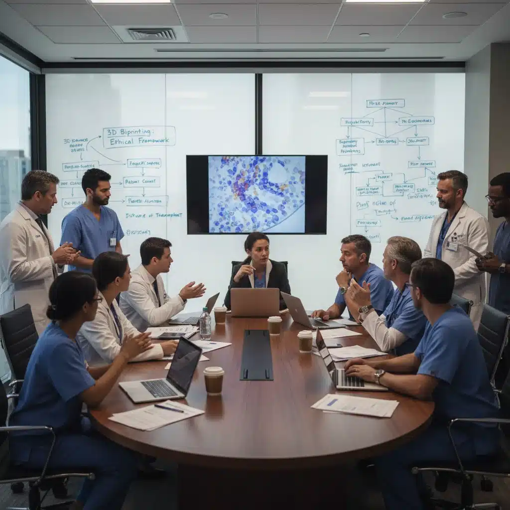 Medical professionals discussing ethical and regulatory challenges of 3D bioprinted organs.