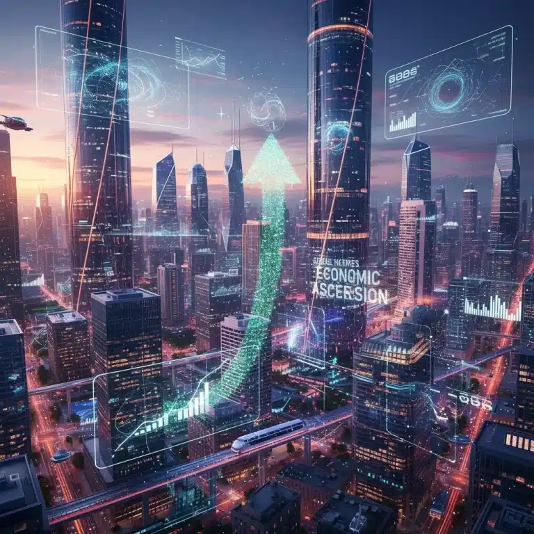 Futuristic cityscape with digital overlays symbolizing emerging business trends and market growth in the US.
