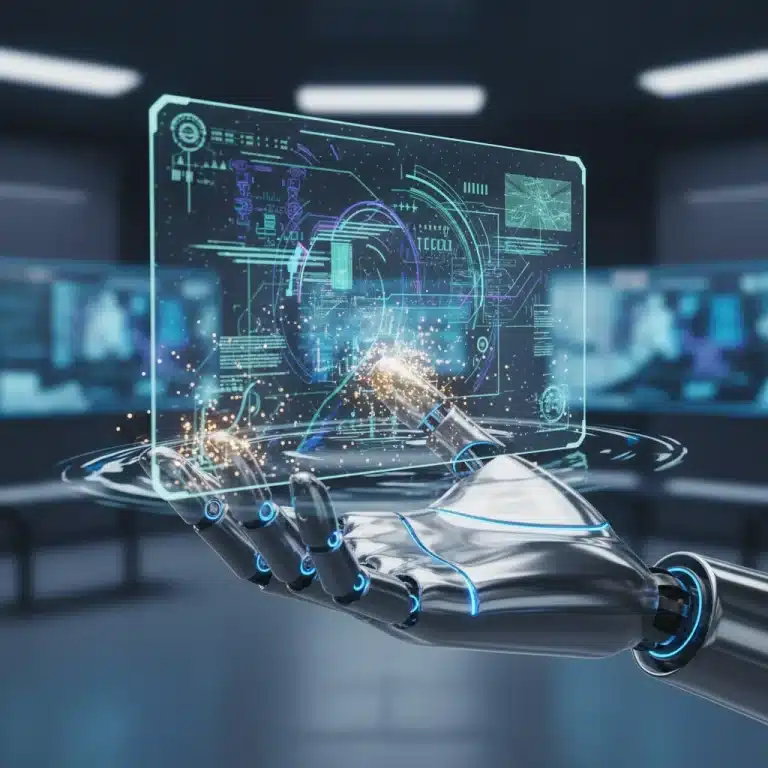Futuristic hand interacting with holographic interface with haptic feedback