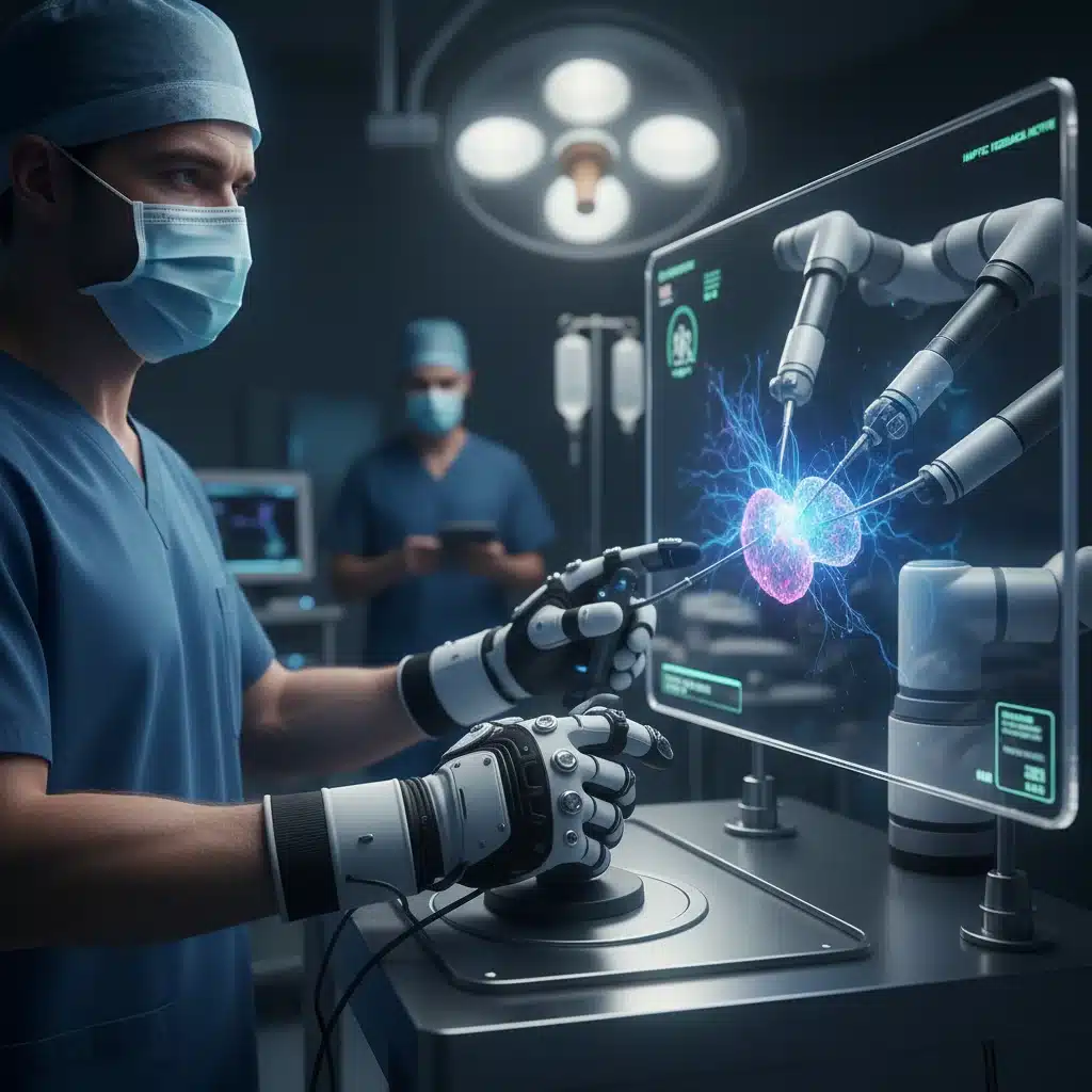 Surgeon using haptic gloves for robotic surgery precision