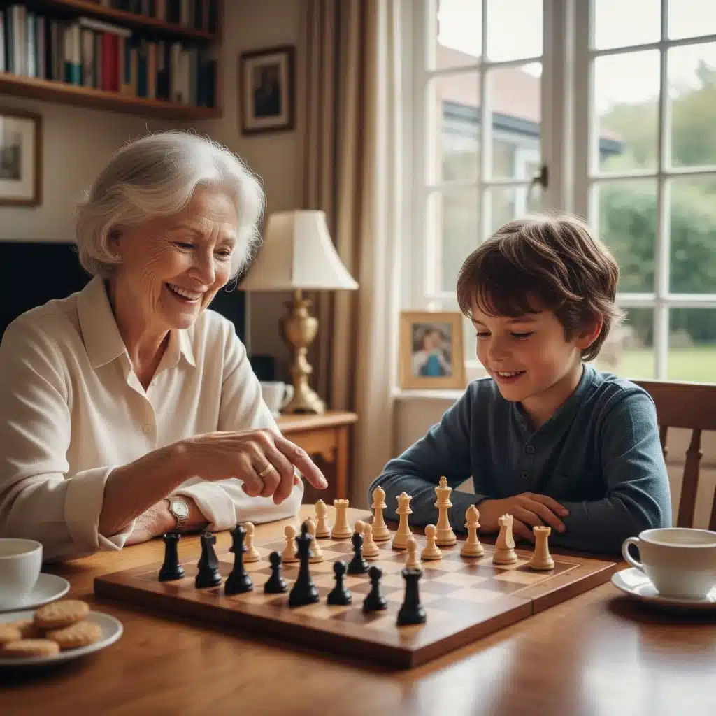 Elderly and young person playing a strategic board game, promoting intergenerational cognitive engagement.