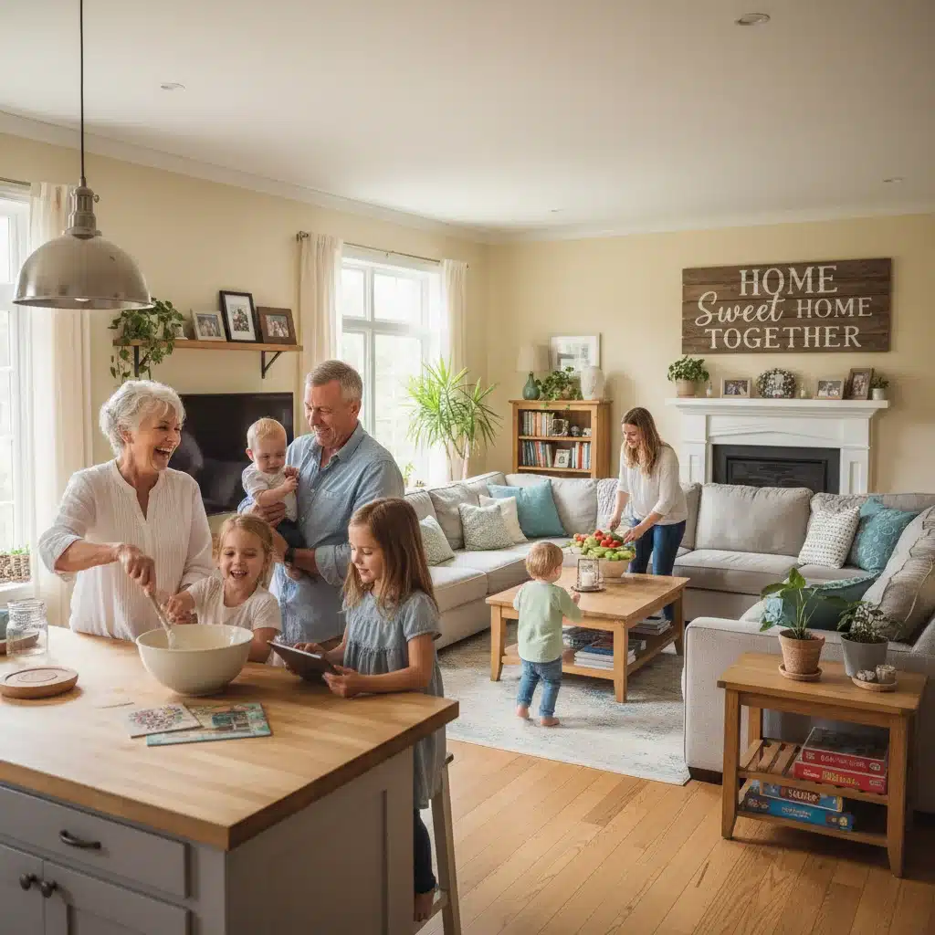 Multi-generational family sharing a meal and laughing together in a comfortable home setting.