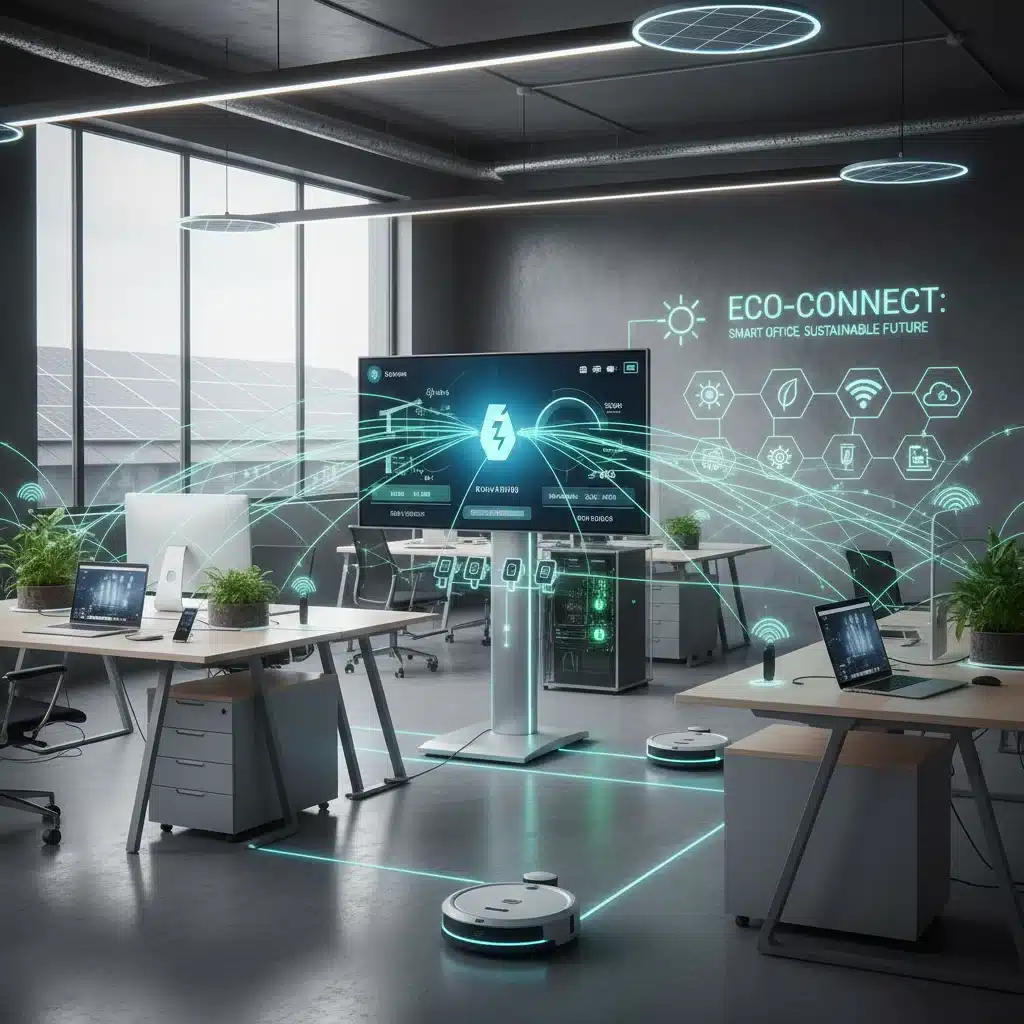 Interconnected smart devices and sustainable energy in a modern office.