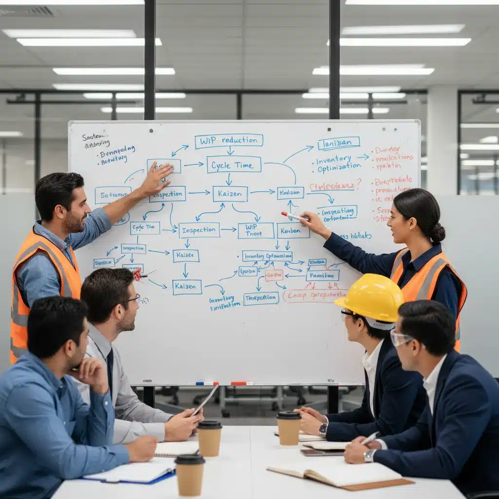 Lean manufacturing team collaborating on process optimization strategies.