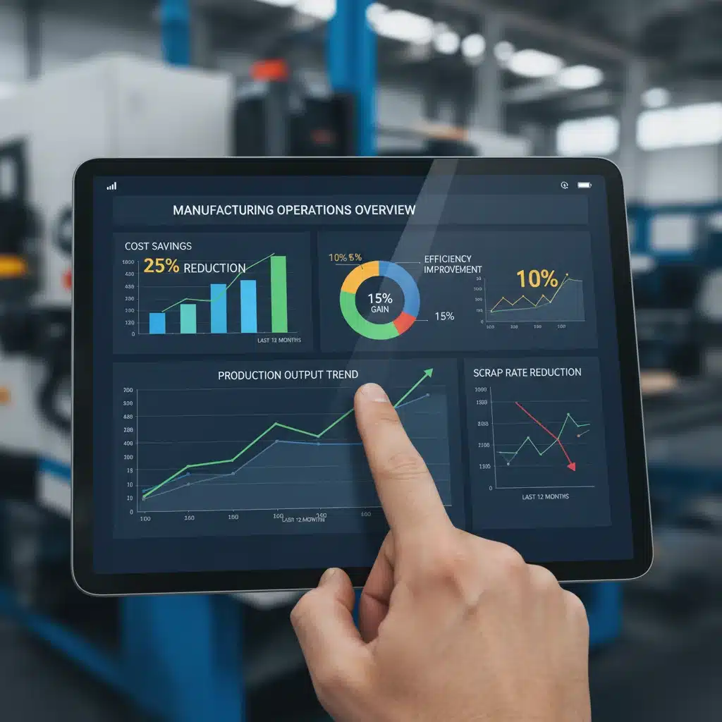Manufacturing data analytics dashboard showing cost savings and efficiency improvements.
