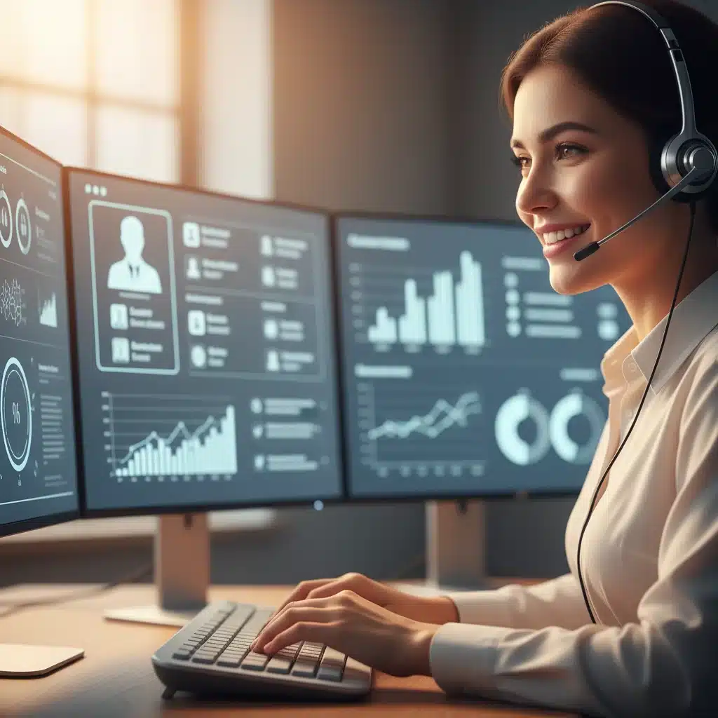 Customer service representative using technology to provide personalized support, highlighting human connection and efficient service.